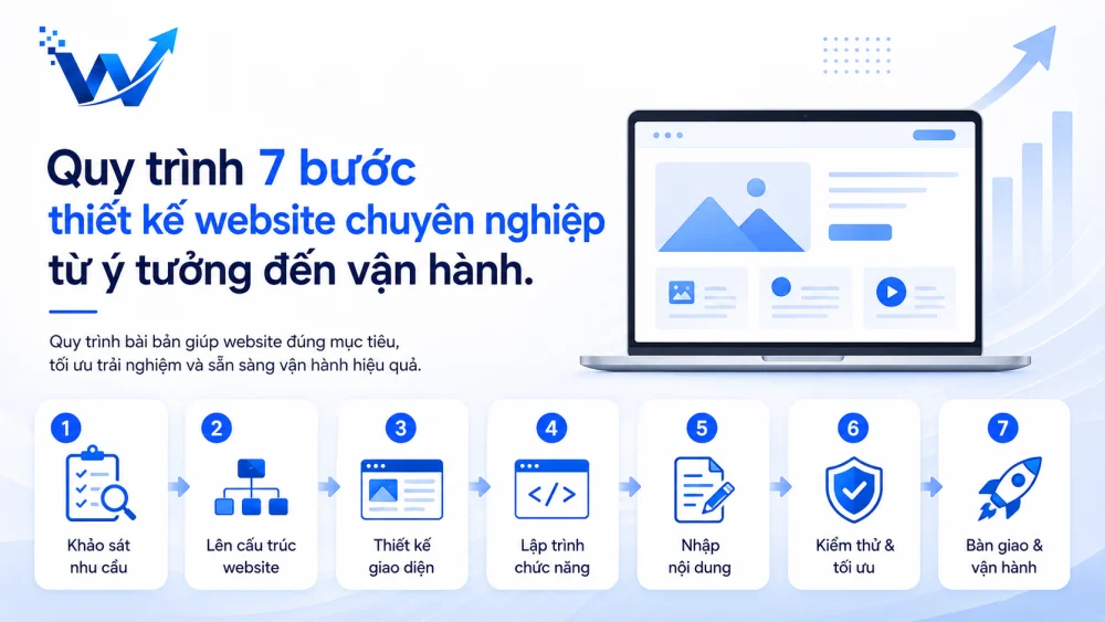 Quy trình 7 bước thiết kế website chuyên nghiệp từ ý tưởng đến vận hành.